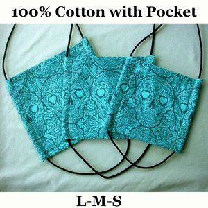 3 SUGAR SKULL MASKS TURQUOISE w POCKET and TIES HANDMADE 3 SIZES 100% COTTON